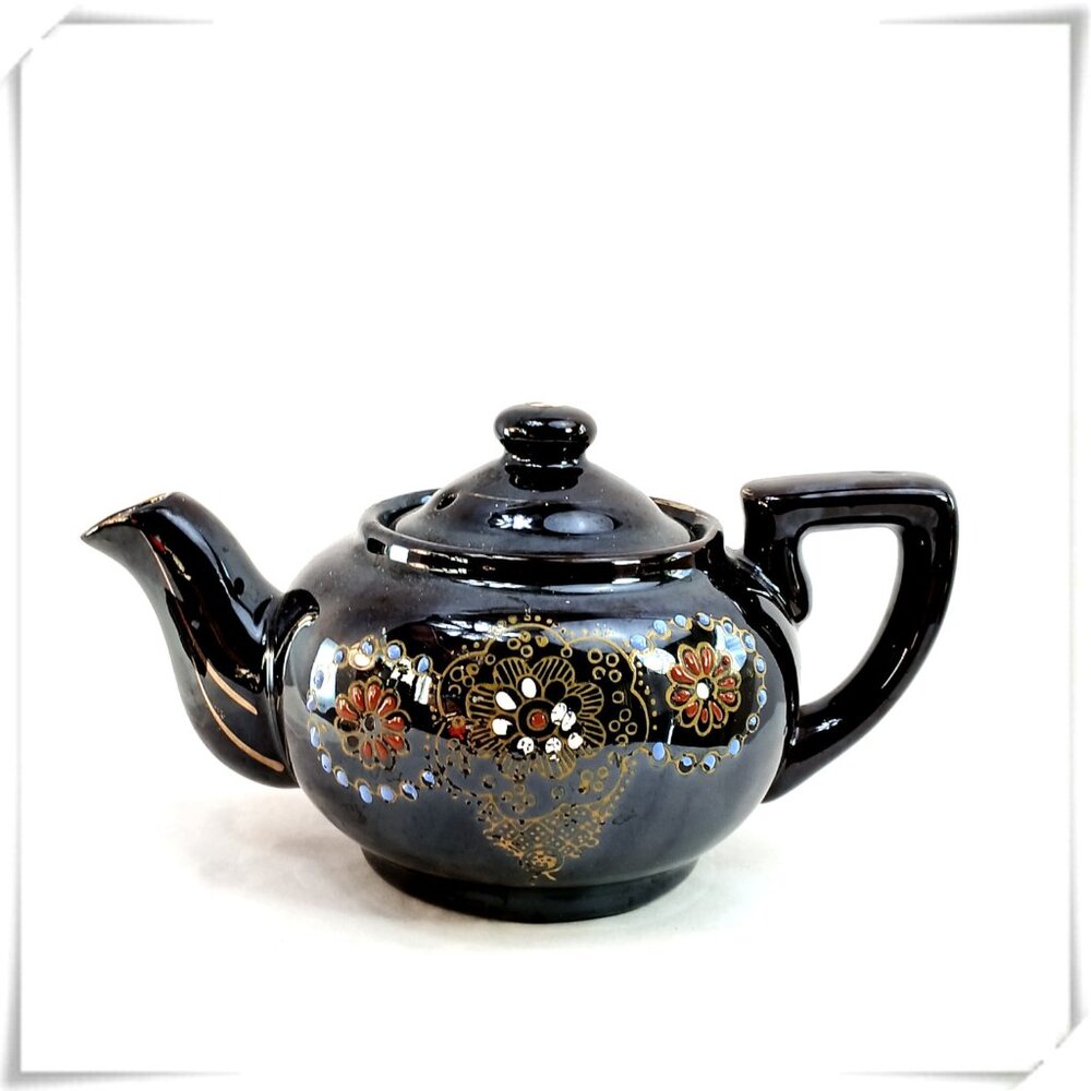 Vintage Brown Ceramic Japanese Tea Pot with Floral Motif
